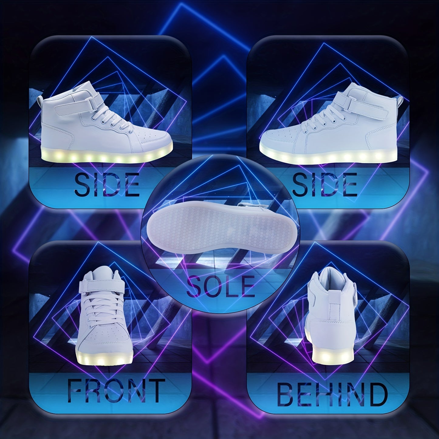 Men's Trendy Led Light Up HighTop Sneakers With Adjustable Hook & Loop Fastener, USB Charging Sneakers With Assorted Colors
